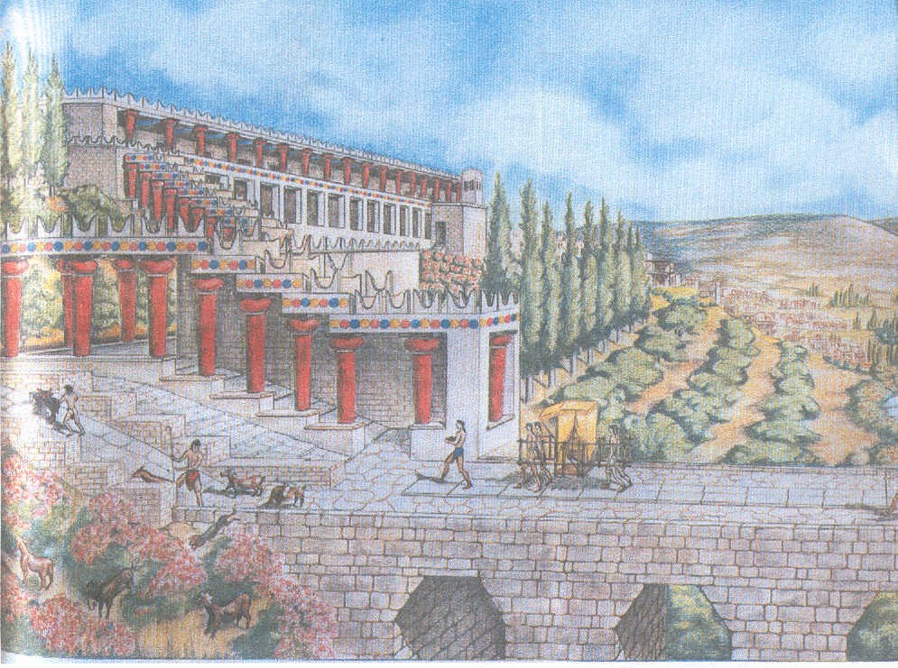 Il  Palazzo di Minosse a Cnosso, Creta, ricostruzione, e i magazzini, oggi