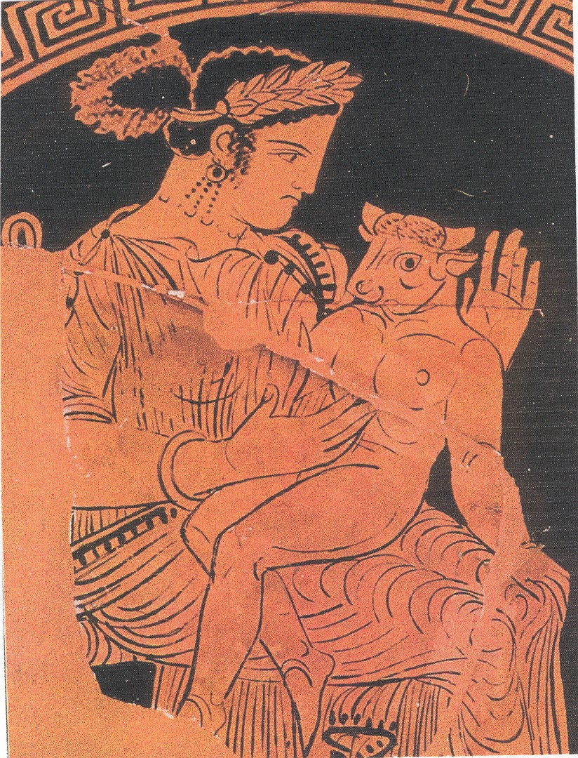 Pasifae con il Minotauro bambino, pittura vascolare