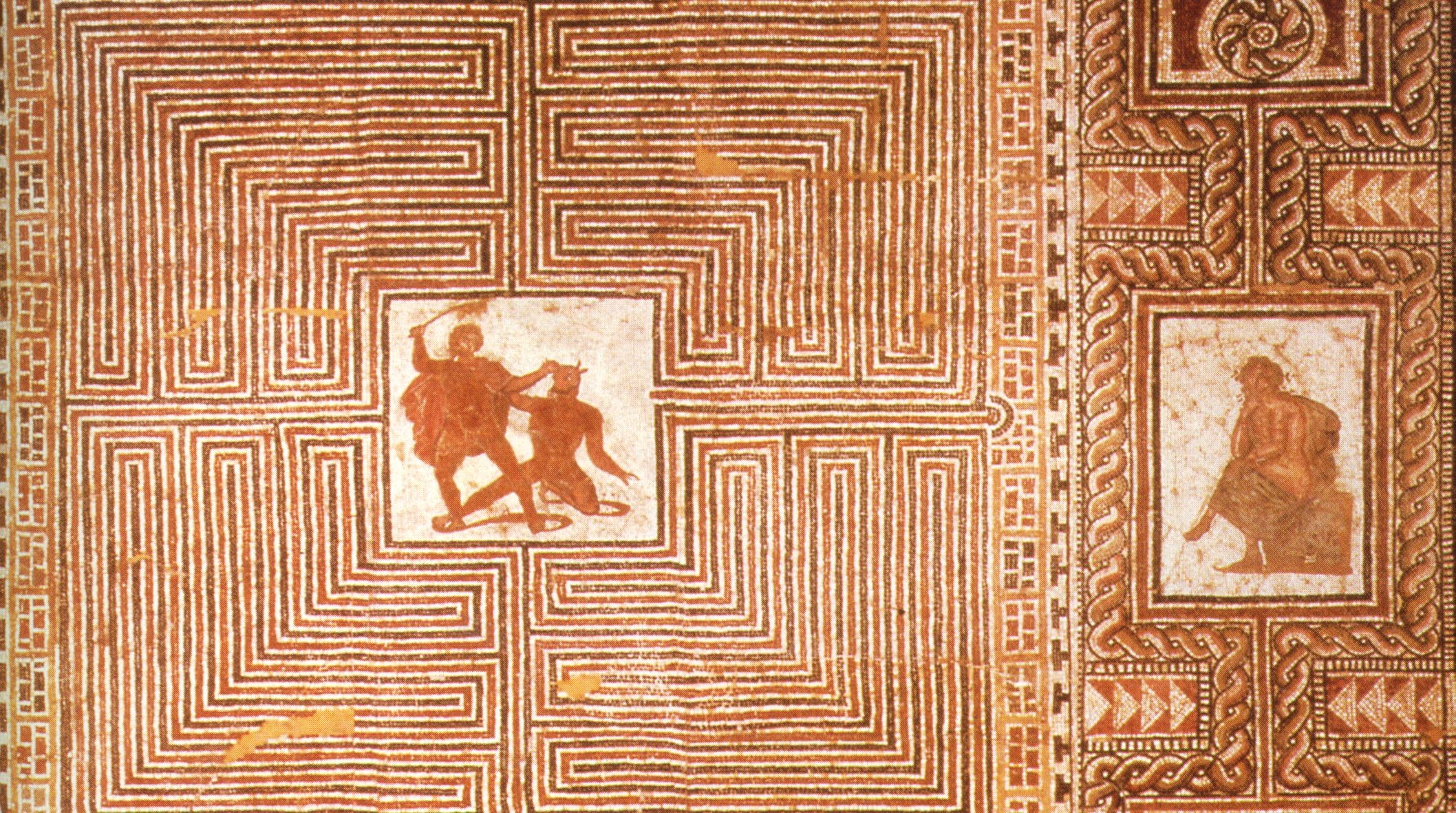 Teseo uccide il Minotauro dentro il Labirinto, Arianna lo aspetta seduta, mosaico, villa romana, Salisburgo