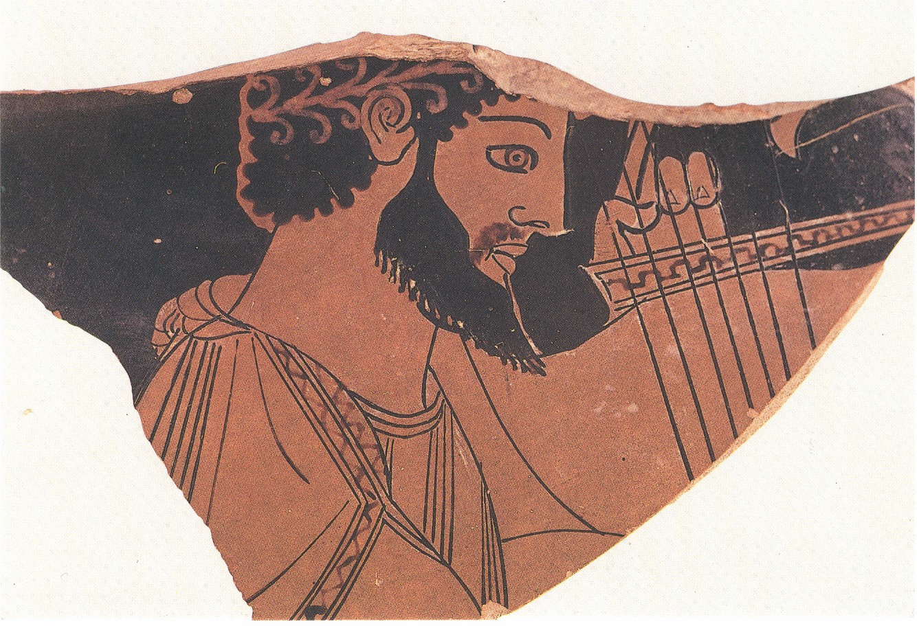 Un suonatore, frammento di vaso attico, 500 aC, Museo Nazionale, Atene