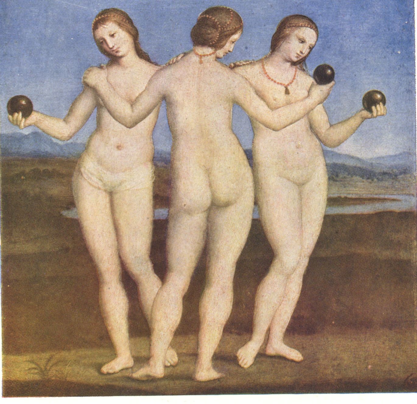 Le tre Grazie, pittura, Raffaello, 16° sec., Museo Condé, Chantilly
