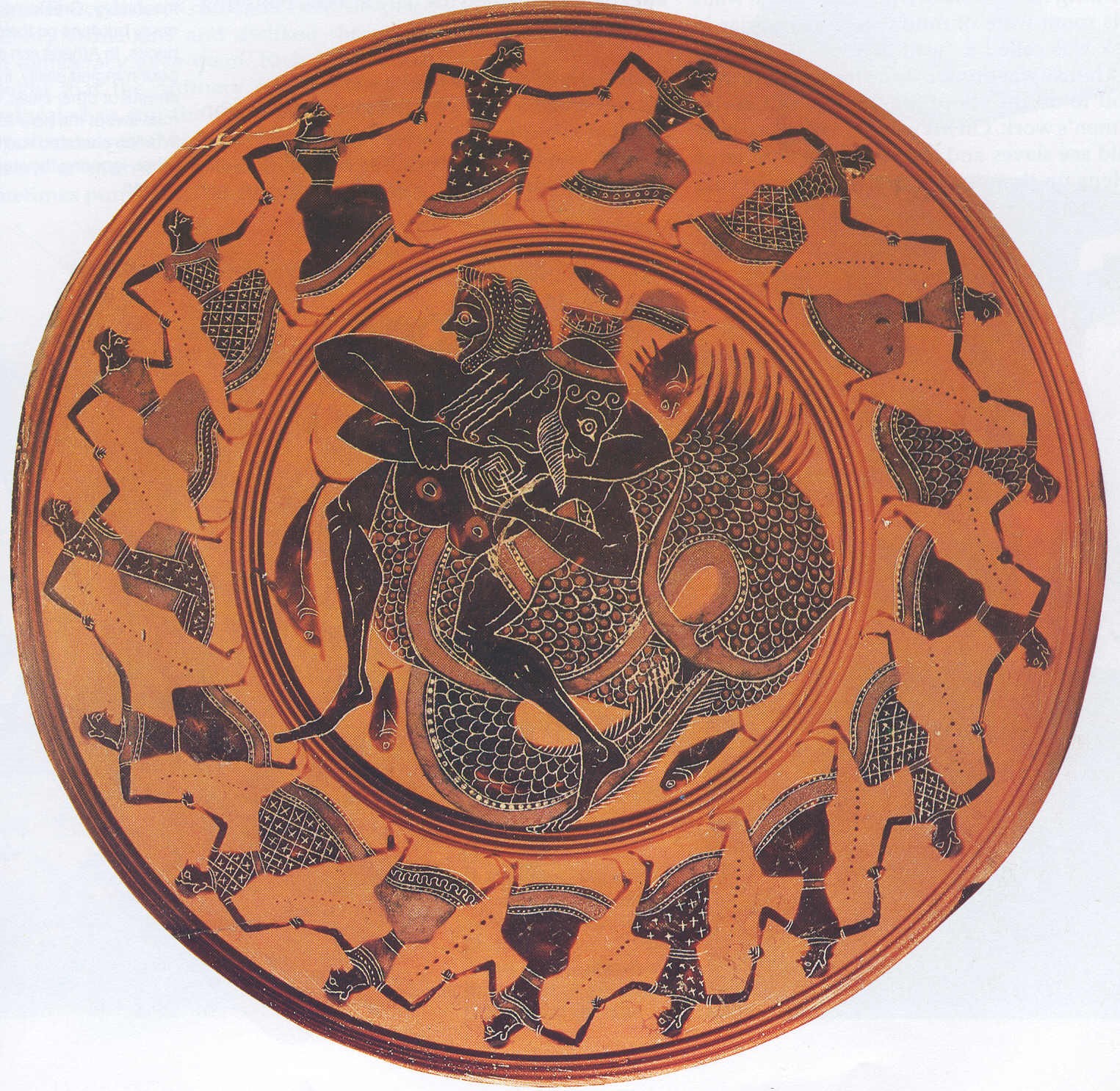 Tritone lotta con Eracle, mentre le Nereidi danzano, kylix a figure nere, 550 aC, Museo Nazionale, Tarquinia