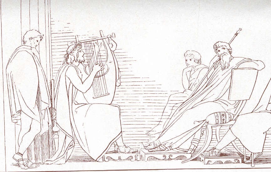 Aedo che suona e canta per un re, incisone per l’Odissea, Flaxmann, 1793