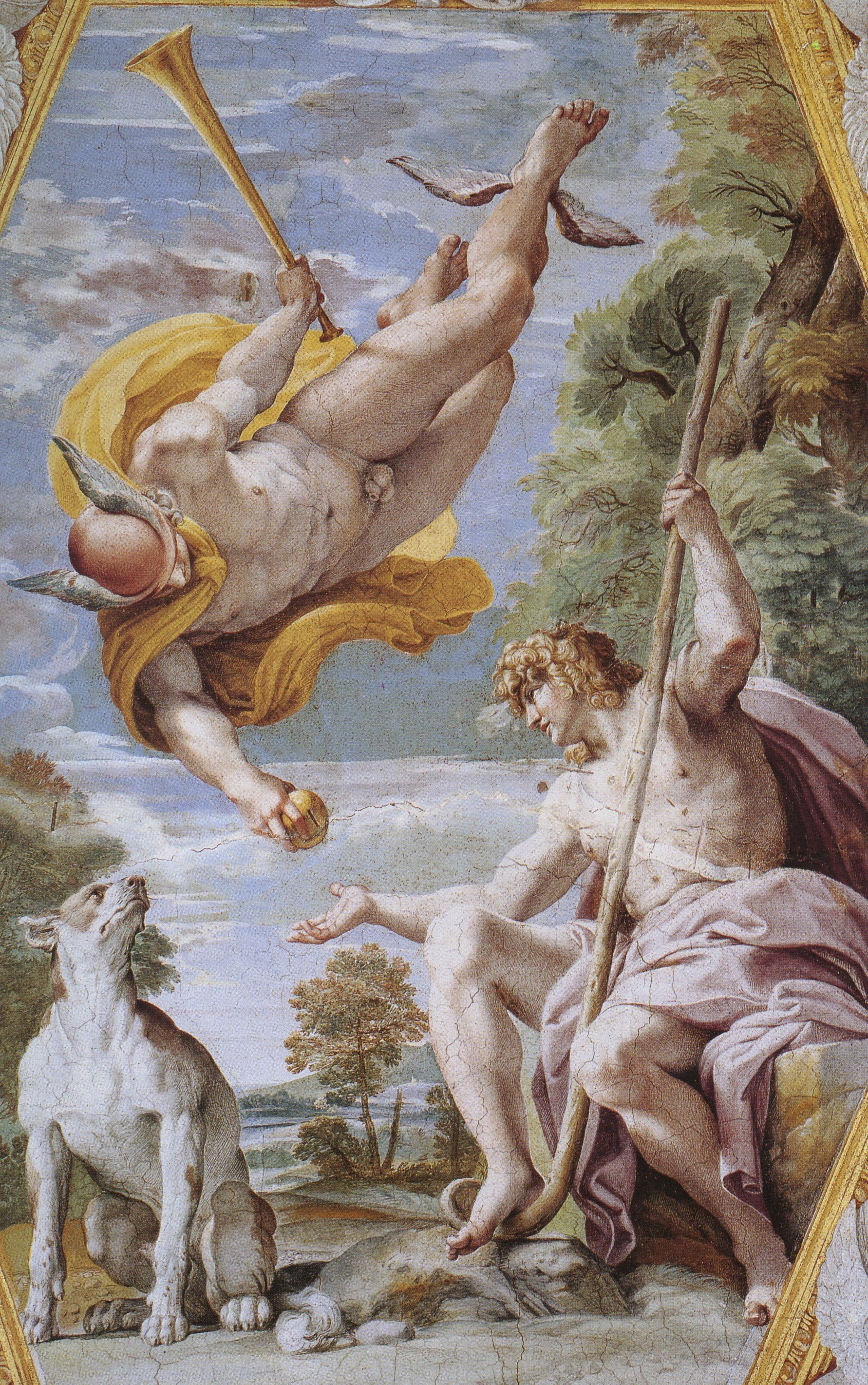 Ermes porge la mela d’oro a Paride, A. Carracci, 16° sec., Palazzo Farnese, Roma