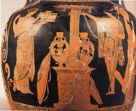 14 Antigone e forse Teseo portano doni alla tomba di Edipo