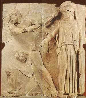 20 Eracle abbatte il muro delle stalle con l'assistenza di Atena, metopa, Olimpia