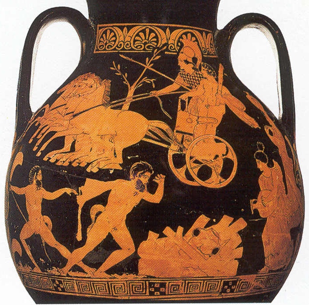 58 Eracle e la pira, Eracle sul cocchio di Atena, pelike, 450 a.C