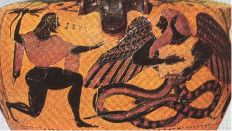 Zeus lotta con Tifone, idria, 6° sec. aC, Museo Nazionale, Monaco