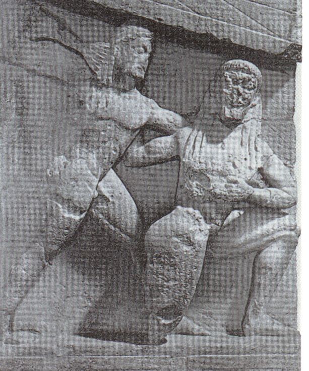 Zeus lotta con un Titano, 6° sec. aC, dal Tempio di Artemide, Museo Archeologico, Corfù