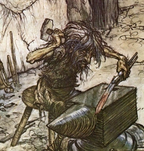 07 Reginn prepara la spada per Sigfrido, A. Rackham, XIX secolo