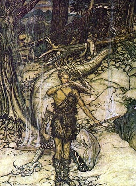 09 Sigfrido assaggia il sangue del drago, A.  Rackham, 1910