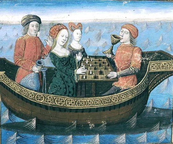 Tristano beve la pozione, miniatura del XV secolo, Biblioteca Nazionale, Parigi