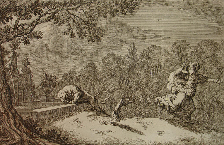 Tisbe fugge la leonessa e perde il velo, J. W. Baur, 1659 Piramo J W Baur 1659